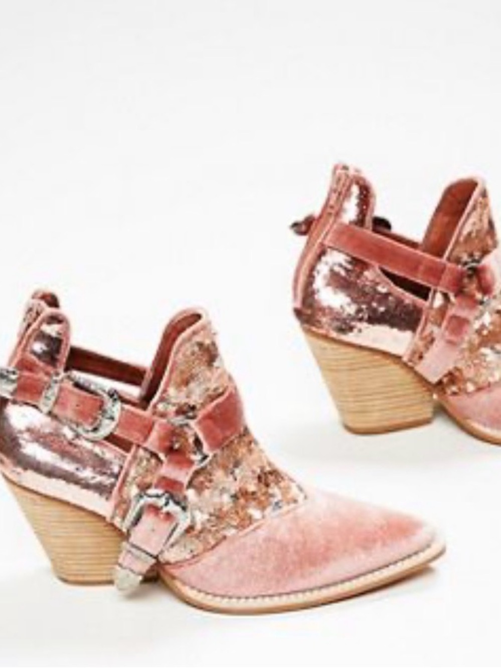 Free People Jeffrey Campbell Beowulf pink sequin velvet buckle western booties 6